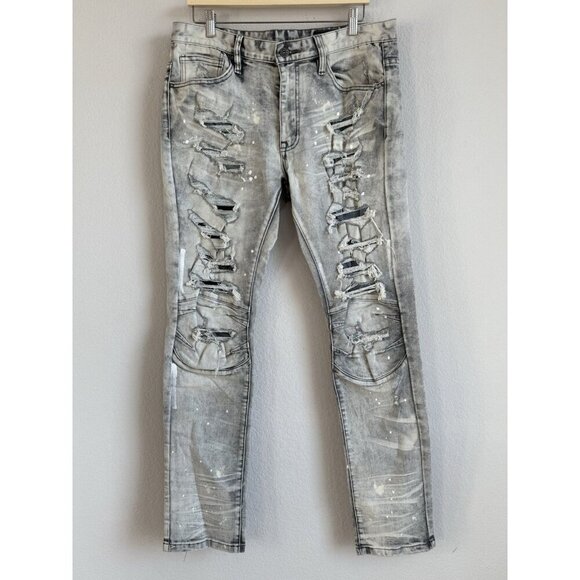 Smoke Rise Men's 36x34 Distressed Ripped Taper Denim Frost Gray Stretch Jeans - Picture 6 of 10